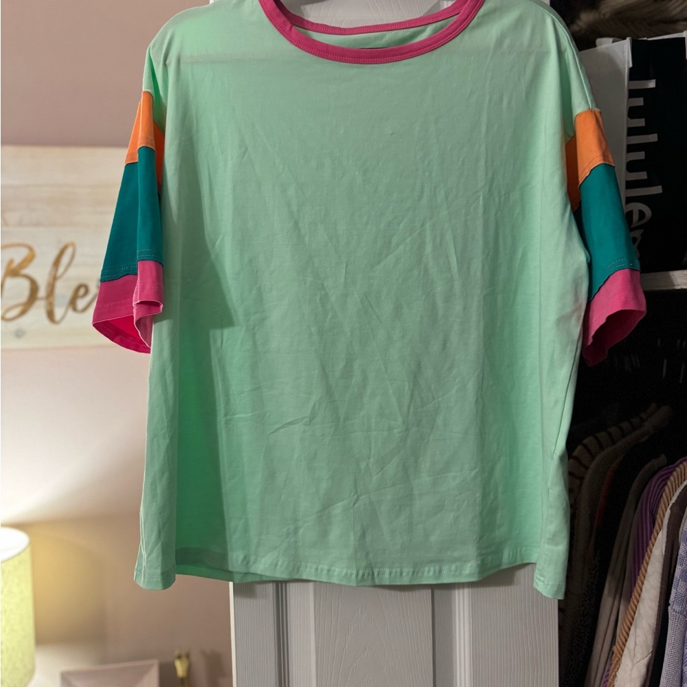 Women's Mint Colorblock Short Sleeve Tee with Pink Trim